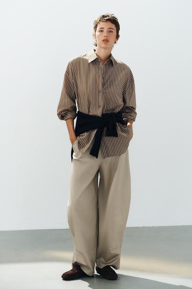 قميص واسع بجيوب وتخطيطات - بني-أزرق الخاص بـ Zara