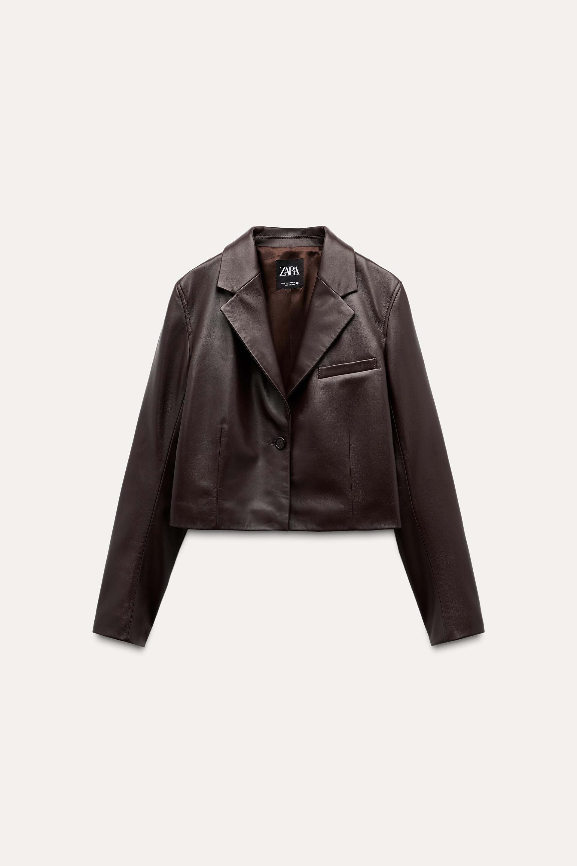 ZW COLLECTION CROPPED 100 LEATHER BLAZER Brown ZARA Spain