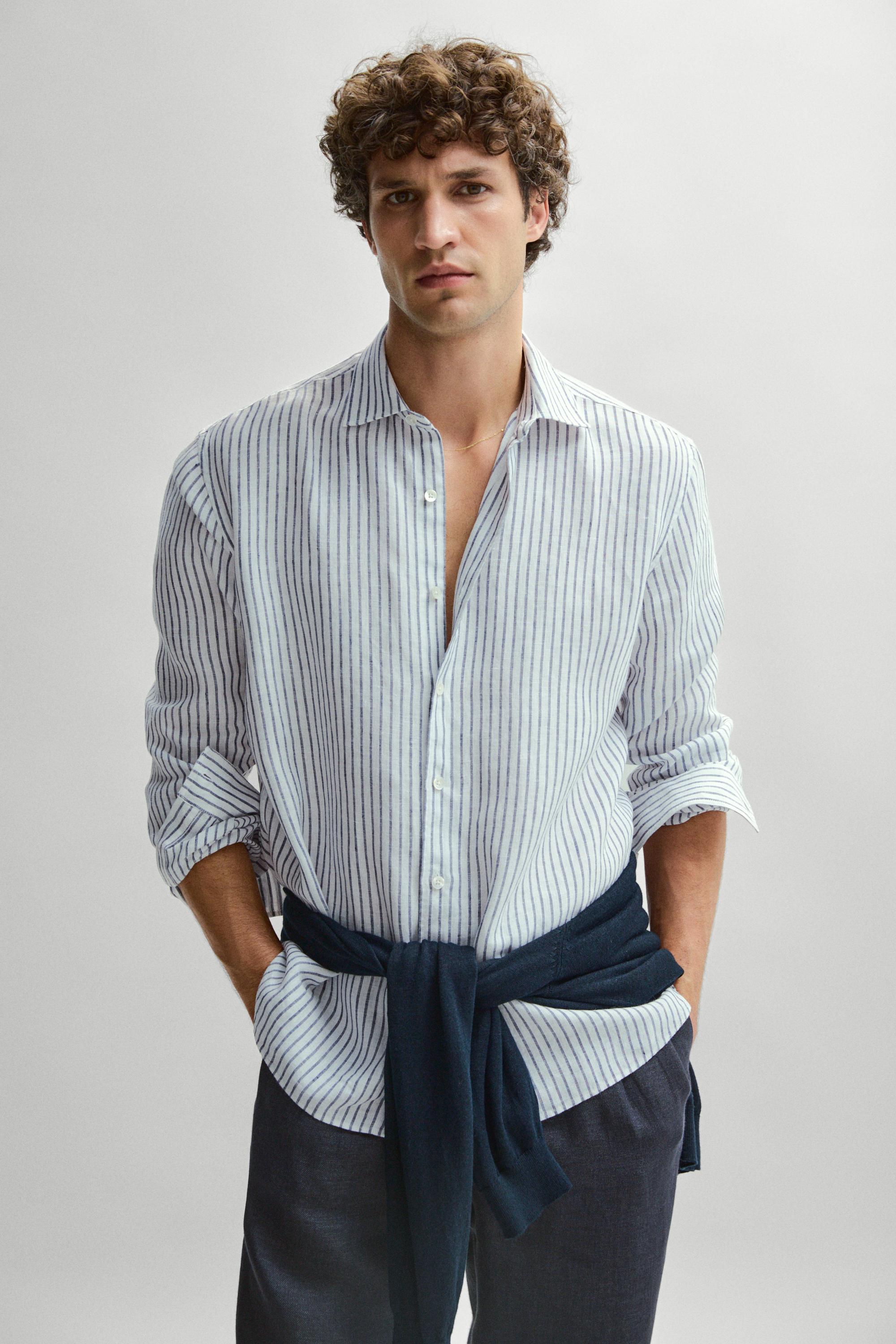 Regular fit 100% linen striped shirt — Navy blue