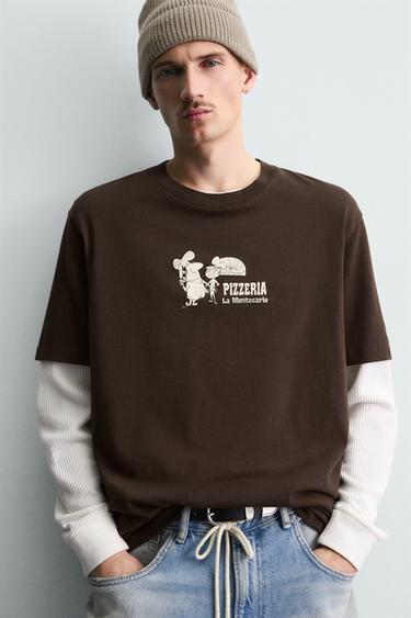 PIZZERIA LA MONTECARLO PRINT T-SHIRT - Brown by Zara - Image 4