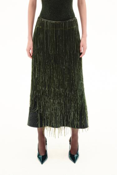 Zara ZARA WOMAN COLLECTION 亮片流蘇裙 LIMITED EDITION - 綠色