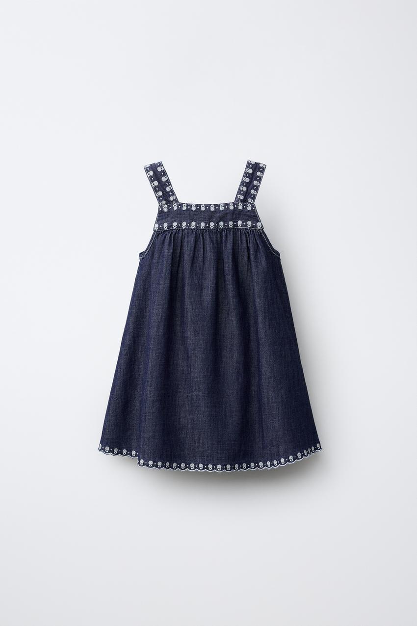zara denim embroidered dress Zara - Fluid Embroidered Floral Denim Dress - Blue - 1 Years (33,9 Inches)
