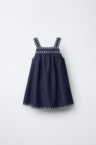 FLUID DENIM DRESS WITH EMBROIDERED FLOWERS - Blue by Zara