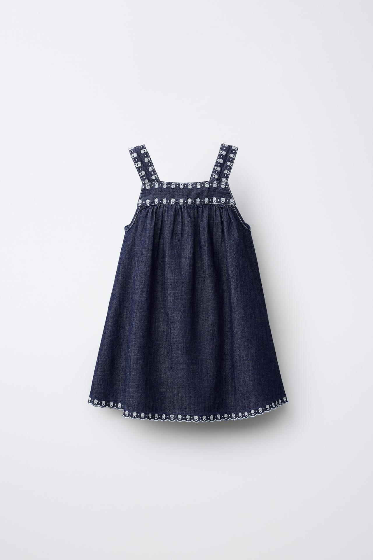 FLUID EMBROIDERED FLORAL DENIM DRESS — Blue
