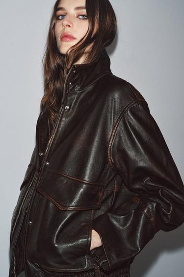 جاكيت بومبر جلدي ZW COLLECTION LIMITED EDITION - بني الخاص بـ Zara