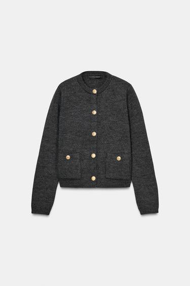 ゴールドボタンニットカーディガングレーZaraのゴールドボタンニットカーディガン - グレー