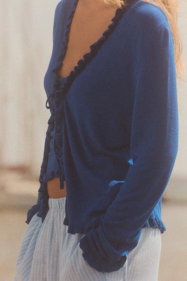 Zara 荷葉邊針織開襟衫 - 深藍色