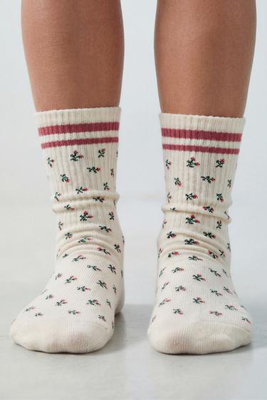 2-PACK OF LONG SOCKS WITH FLORAL BANDS - Ecru by Zara