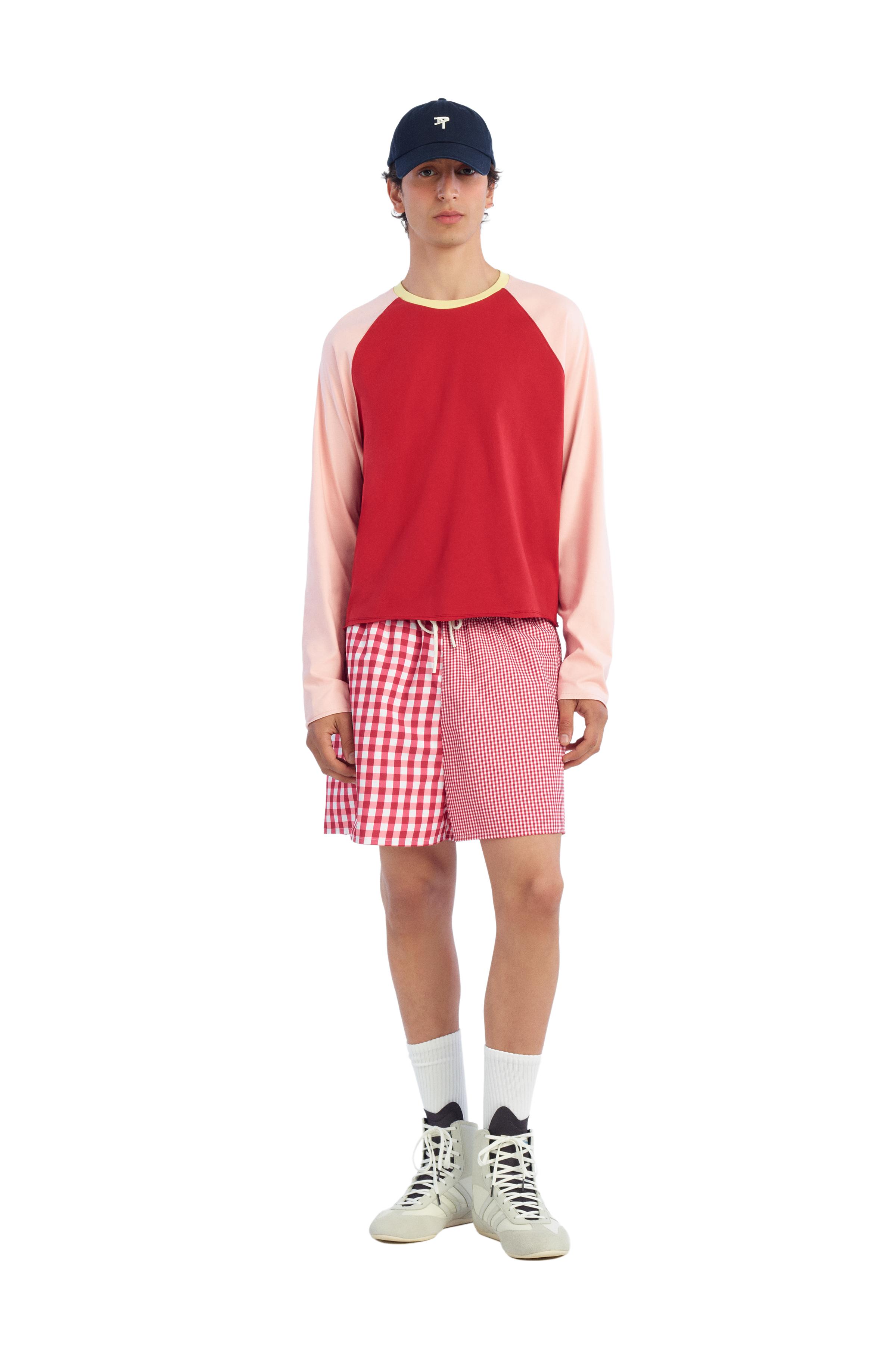 COMBINED PLAID MID-LENGTH SWIMSUIT — Red / White