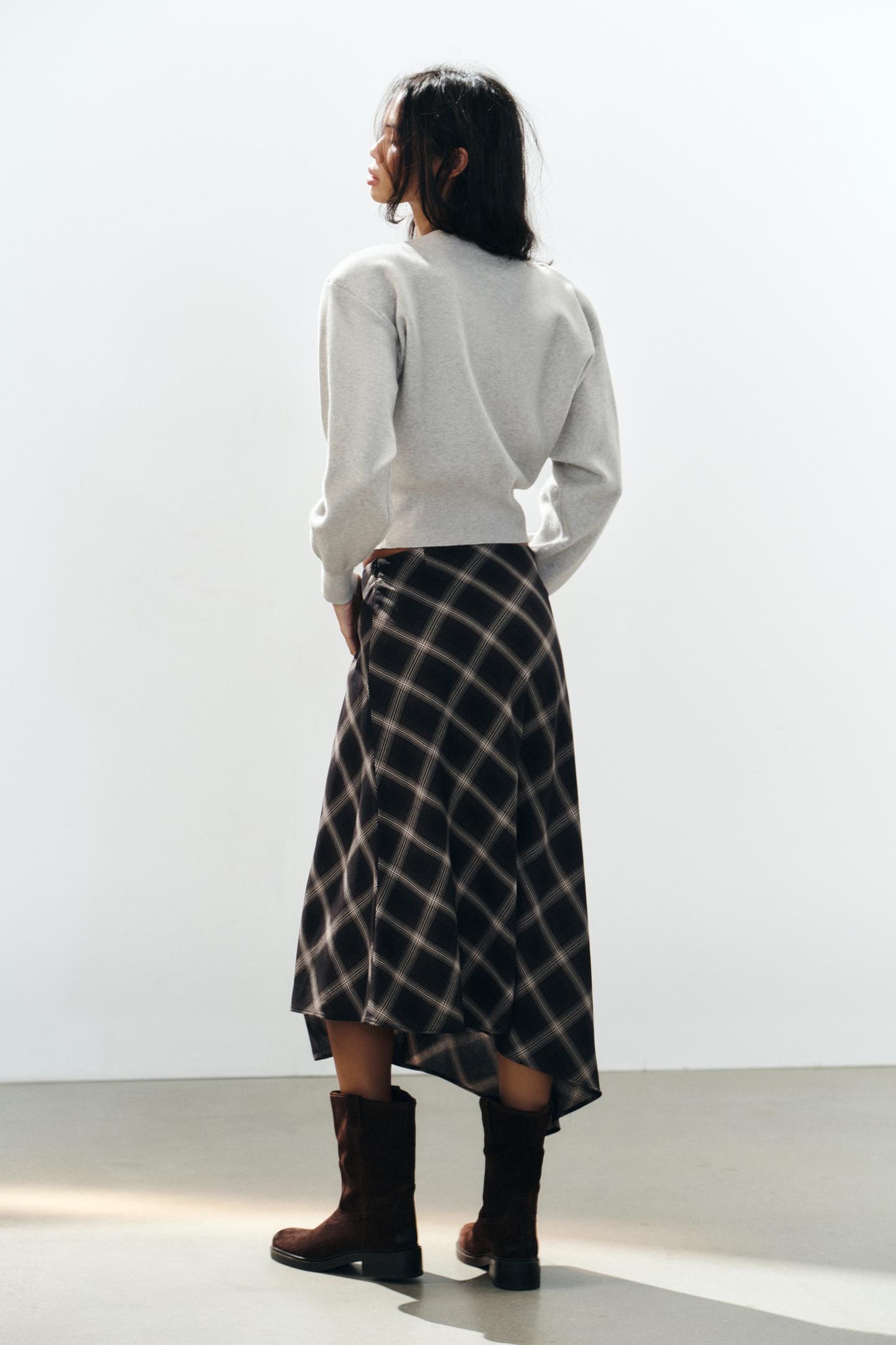 Женская юбка Zara Asymmetric Check with Slit, цвет: Чёрный / Коричневый — фото 5