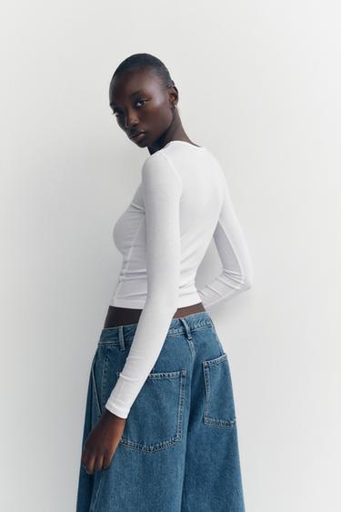 COTTON MODAL LONG SLEEVE T-SHIRT - White by Zara - Image 3