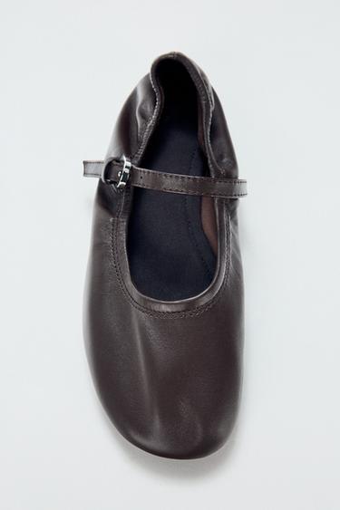 Zara SOFT LEATHER BALLET FLATS - Brown
