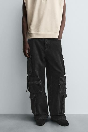 DENIM CARGO TROUSERS WITH POCKETS - Black by Zara