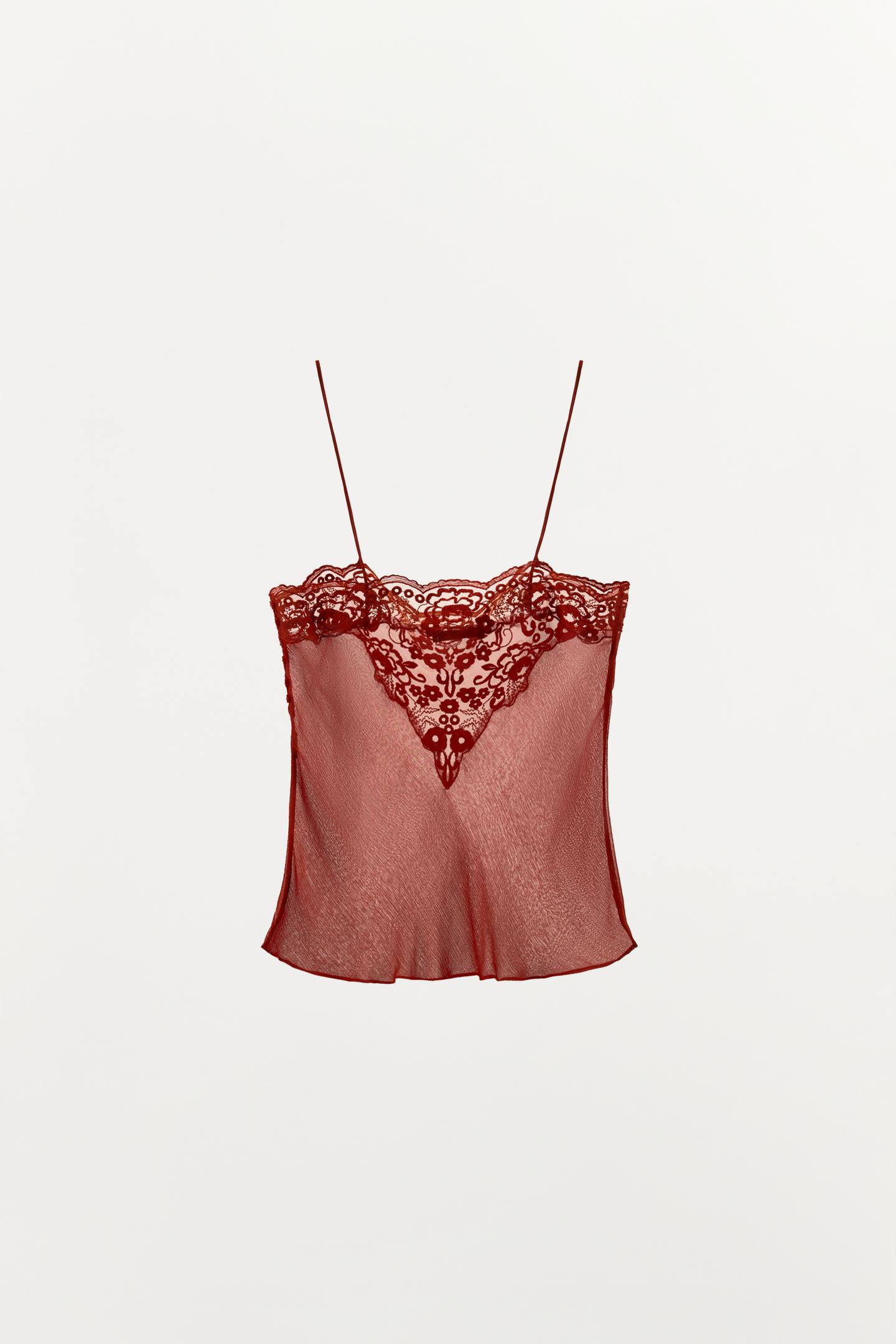 Женский топ Zara Georgette Lace Camisole, цвет: Коралловый красный — фото 6