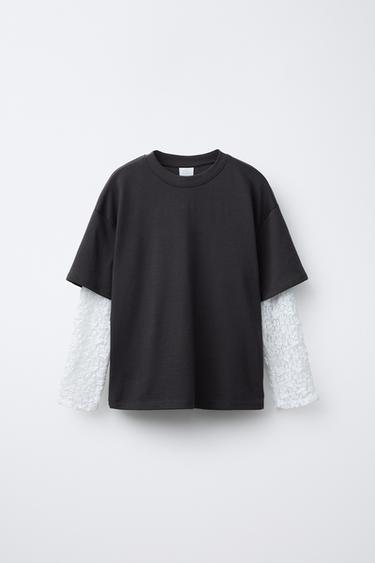 Zara DOUBLE SLEEVE LACE T-SHIRT - Anthracite grey - Image 0