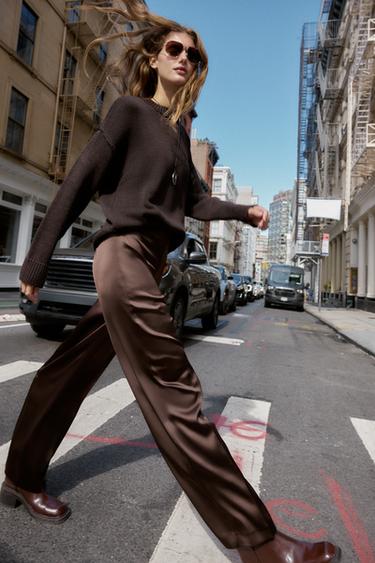 SATIN STRAIGHT-LEG TROUSERS - Brown by Zara - Image 0