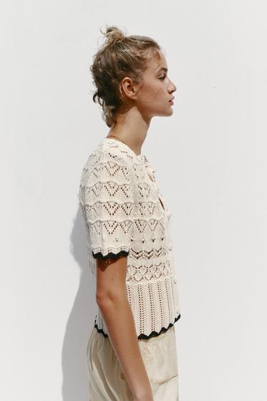POINTELLE KNIT SHORT SLEEVE CARDIGAN - Black / White by Zara - Image 3