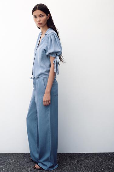 PANTALÓN ANCHO CINTURA ELÁSTICA - Azul claro de Zara