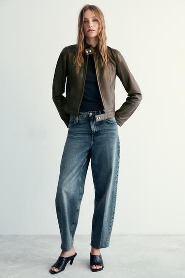 Zara 100% LEATHER ZIP-UP JACKET - Gray green