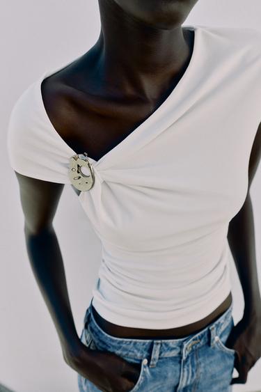 DRAPED TOP WITH METALLIC DETAIL - Oyster-white by Zara