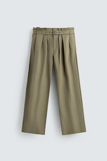 بنطلون WIDE FIT ثنيات وحزام - أخضر فلور by Zara