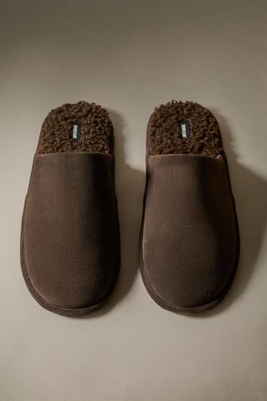 WARME LEREN SLIPPERS - Bruin van Zara - Afbeelding 0