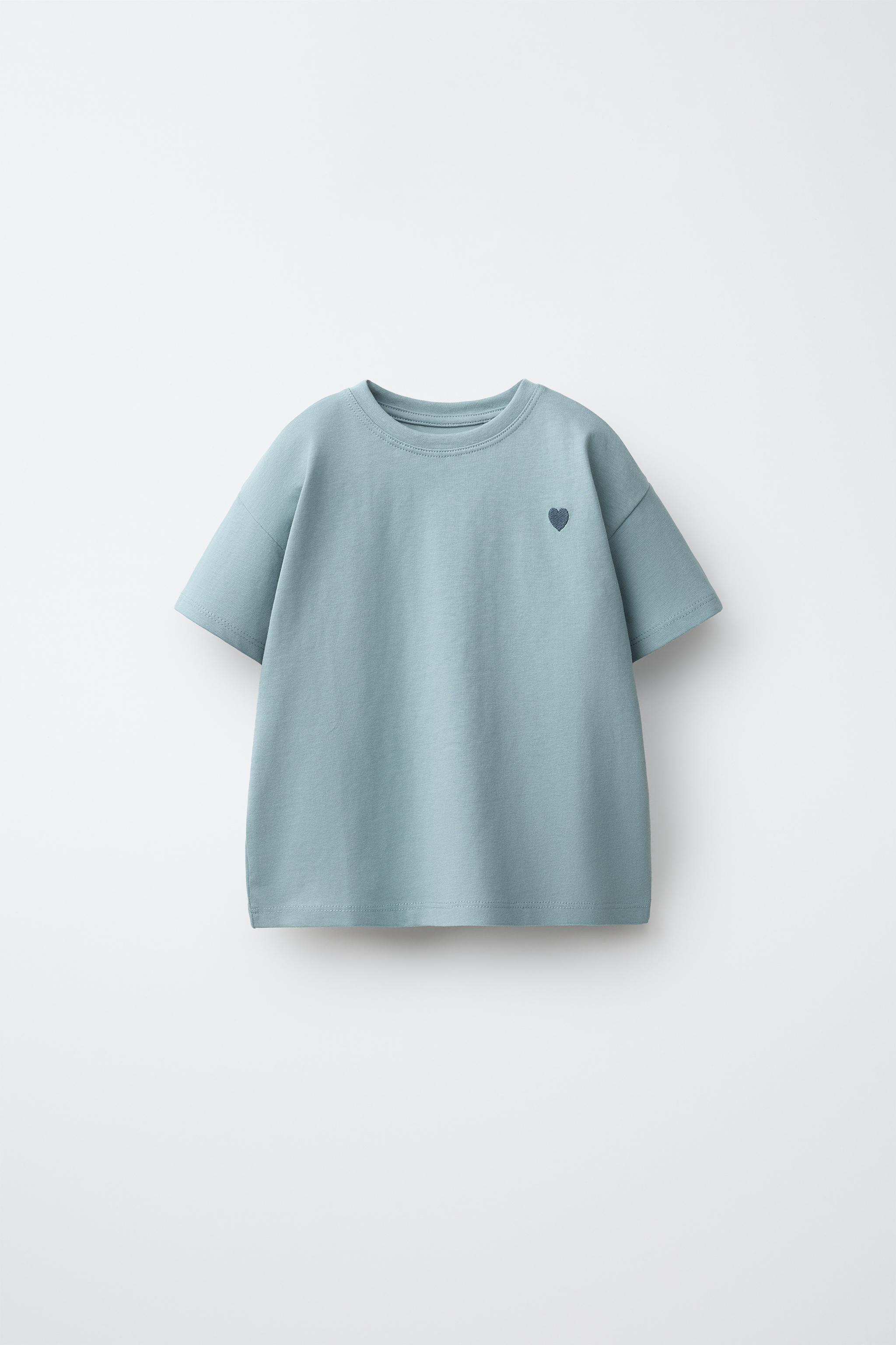 EMBROIDERED HEART PLAIN T-SHIRT — Bluish
