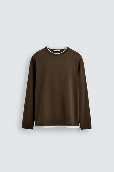 T-SHIRT WITH CONTRAST DOUBLE-LAYER HEMS - Brown by Zara