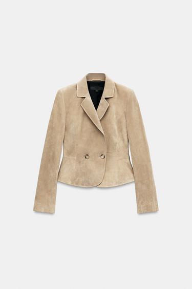 CROPPED BLAZER WITH SHOULDER PADS 100% LEATHER - Sand by Zara - Image 0