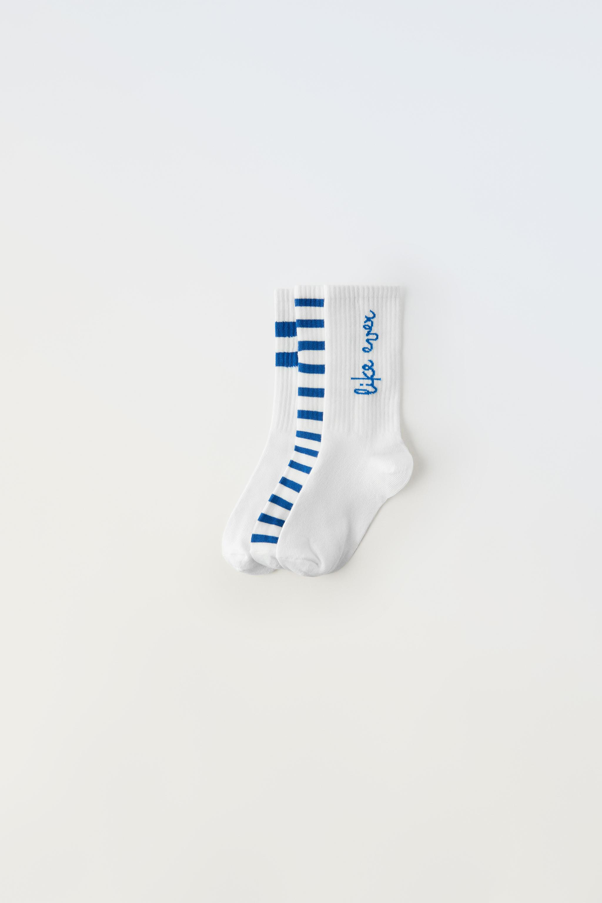 Zara Pack Tres Calcetines Largos Rayas Y Texto En Blanco Marino 8 10 Anos 31 33 Ninos