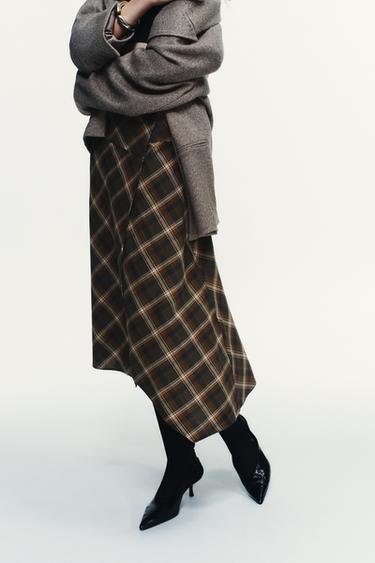 Zara ASYMMETRIC PLAID MIDI SKIRT - Dark khaki