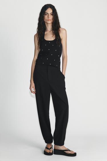 Zara STUDDED KNIT TOP - Black