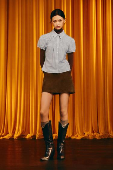 Zara 彈性格紋府綢襯衫 - 棕色-藍色