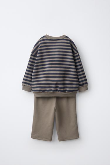 STRIPED SWEATSHIRT AND WIDE-LEG PANTS JOGGING SET — Gray / Blue 2