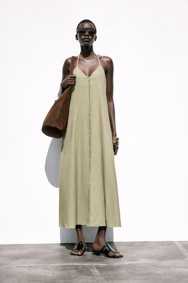 VOLUMINOUS LINEN BLEND MIDI DRESS - Light khaki by Zara - Image 2
