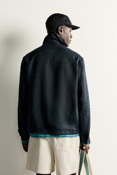 100% LINEN ZIP-UP OVERSHIRT — Navy blue 2