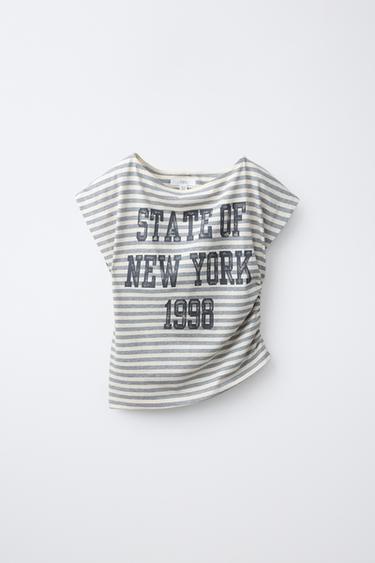 STRIPED T-SHIRT WITH GATHERING AND SLOGAN - Stripes by Zara