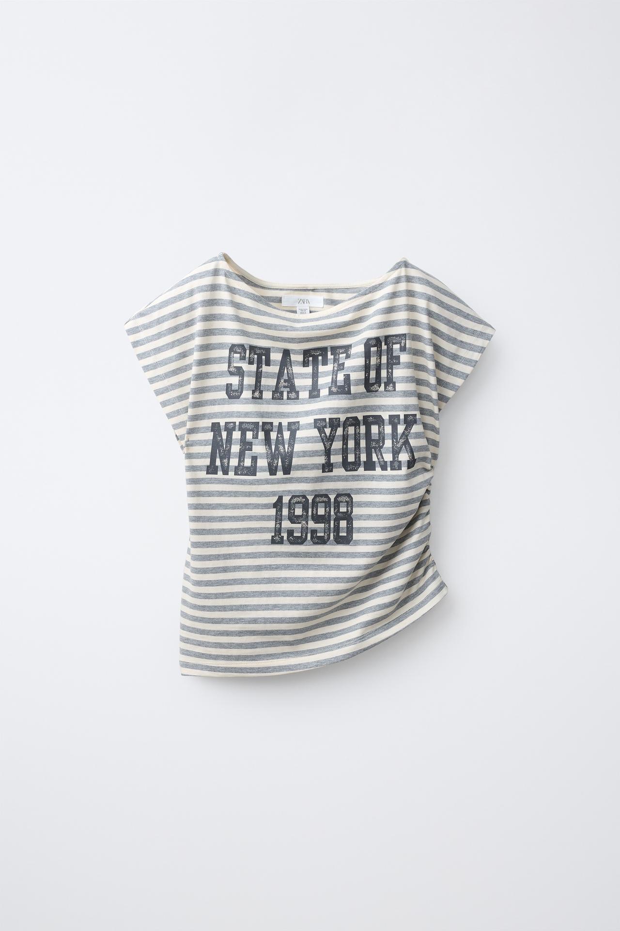 STRIPED RUCHED TEXT T-SHIRT — Striped