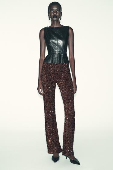 LEGGINGS FLARE مخمل بترتر - بني الخاص بـ Zara