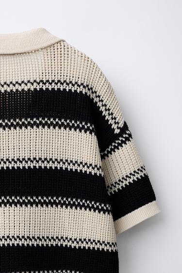 STRIPED CROCHET KNIT POLO SHIRT - Ecru by Zara - Image 3
