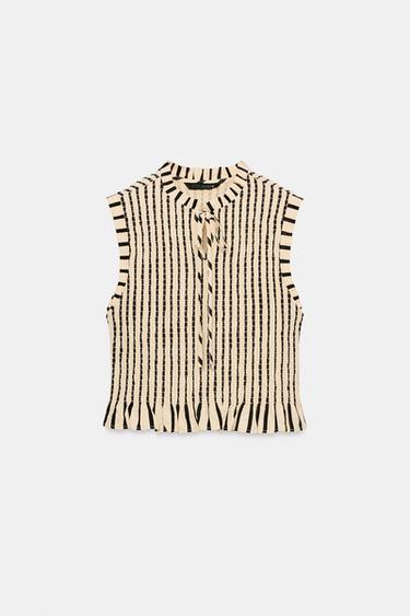STRIPED SMOCKED TOP - Ecru / Black by Zara - Image 6
