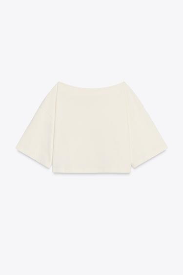 BOAT NECK COTTON T-SHIRT - Ecru by Zara - Image 4