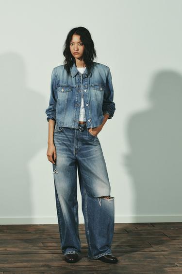 JEAN TAILLE NORMALE AVEC CEINTURE PLIÉE TRF - Bleu de Zara