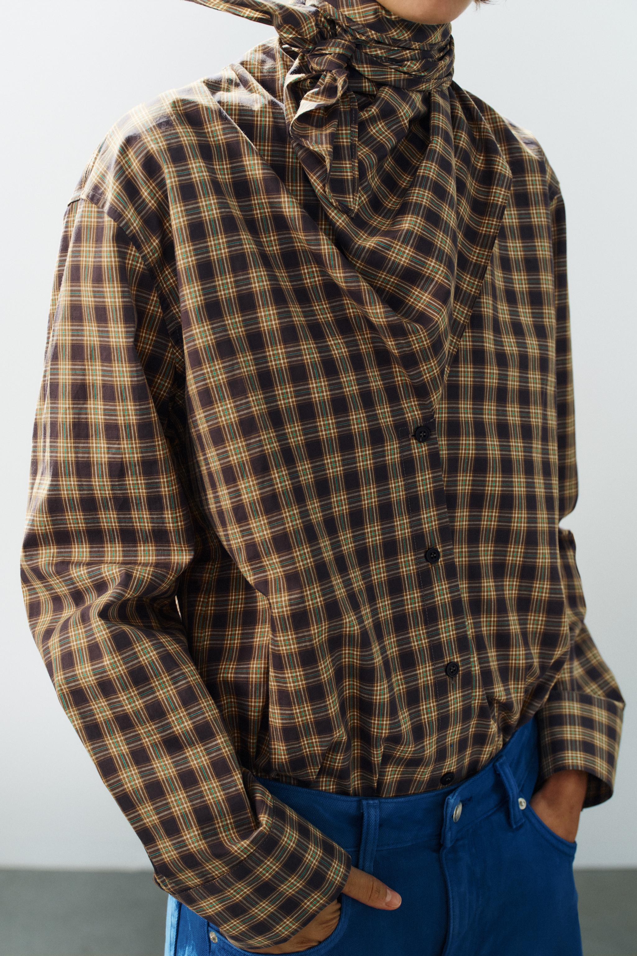 Женские рубашки Zara PLAID SCARF-NECK OVERSIZE SHIRT — фото 3