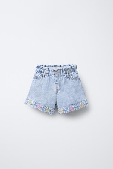 BERMUDA DENIM BORDADO FLORES - Azul claro de Zara