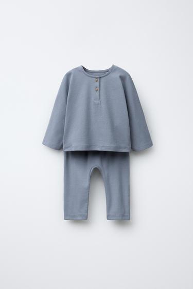 Zara HENLEY SHIRT AND JOGGER SET - Blue / Gray