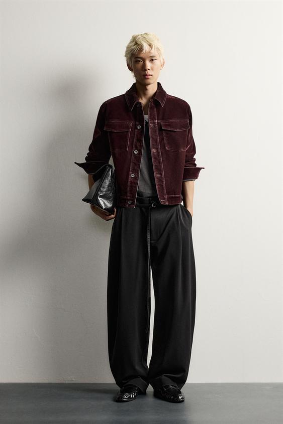 FLOCKED DENIM CROPPED FIT JACKET - Burgundy by Zara - Image 0