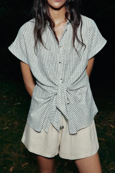 CAMISA RAIAS NÓ CON LIÑO - Verde / Cru de Zara