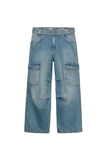 Zara BELTED CARGO JEANS - Blue
