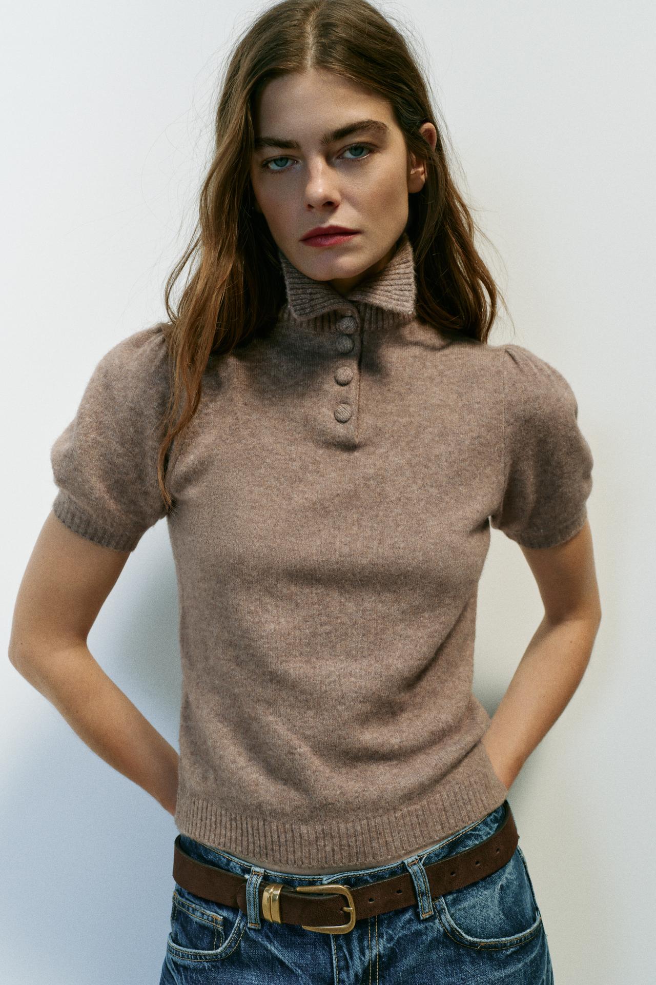 SHORT SLEEVE KNIT SWEATER — taupe brown